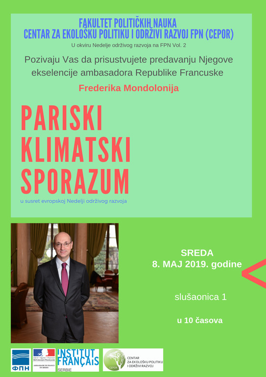 Predavanje Nj.E. ambasadora Frederika Mondolonija „Pariski klimatski sporazum"
