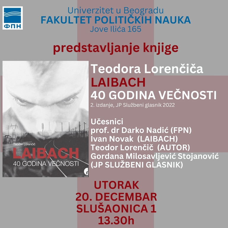 Позив на представљање књиге Теодора Лоренчича ,,Laibach: 40 година вечности"