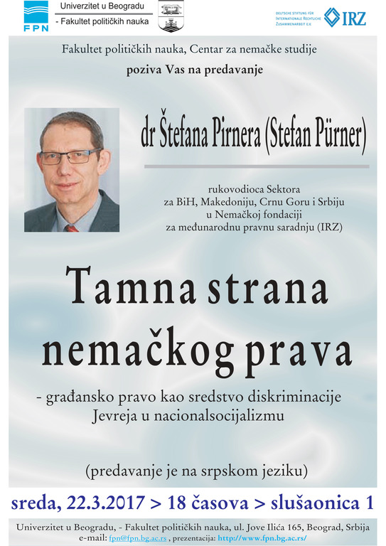 Predavanje dr Štefana Pirnera: Tamna strana nemačkog prava - građansko pravo kao sredstvo diskriminacije Jevreja u nacionalsocijalizmu